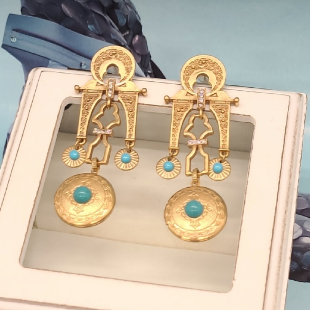 Vintage Estate Moraccan Palace Crystal Locket Gold Chandelier Earrings - Picture 3 of 15